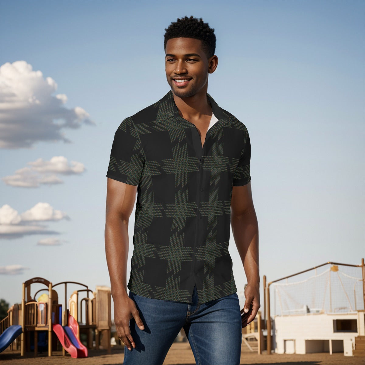 Men's Button Down Short Sleeve Shirt / Color Weave Design