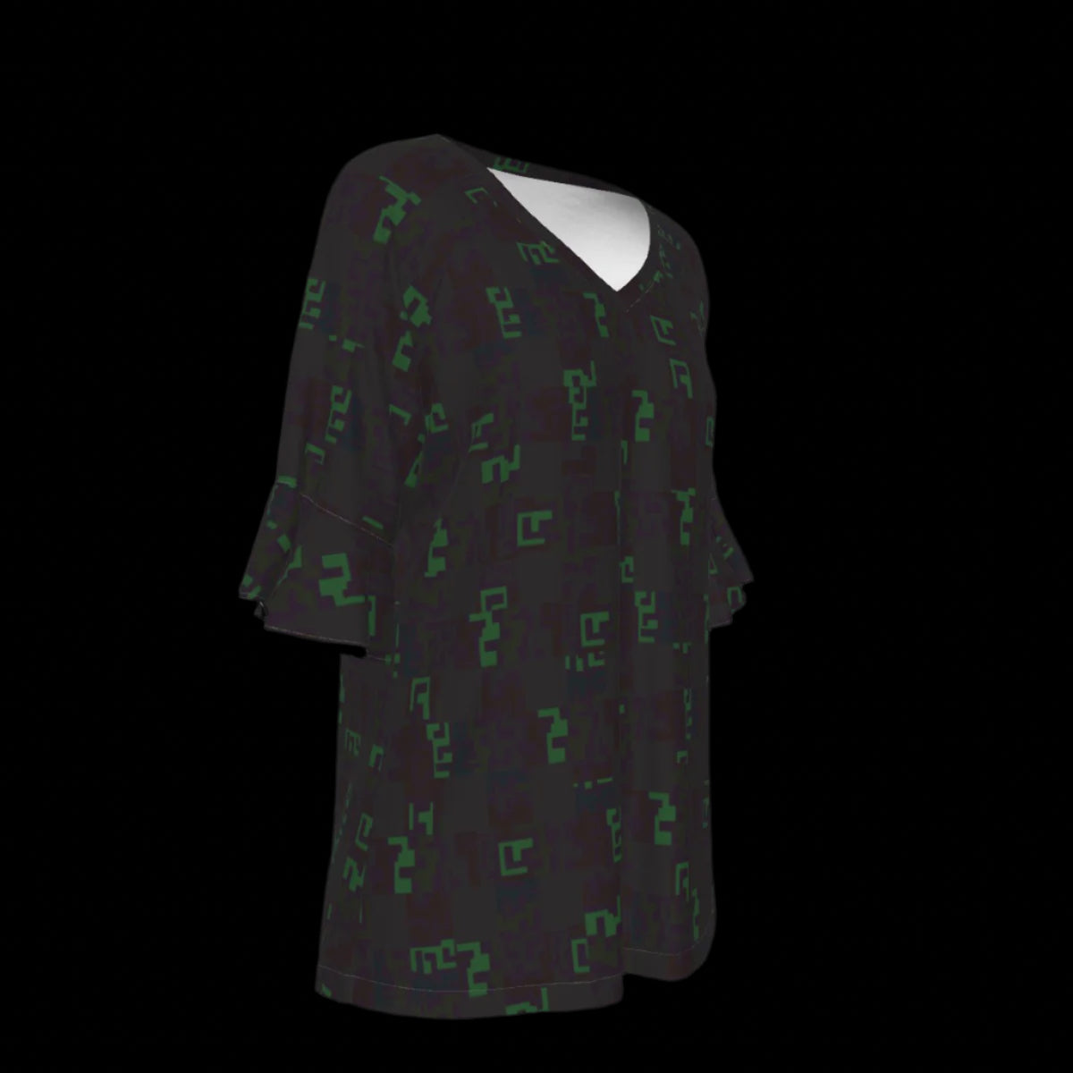 Right side of black blouse with green geometric pattern on a black background
