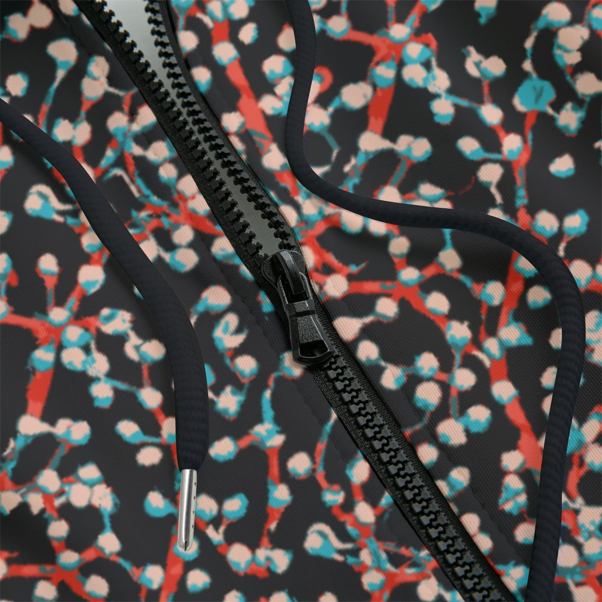 Front detail of Hoodie with a colorful abstract pattern