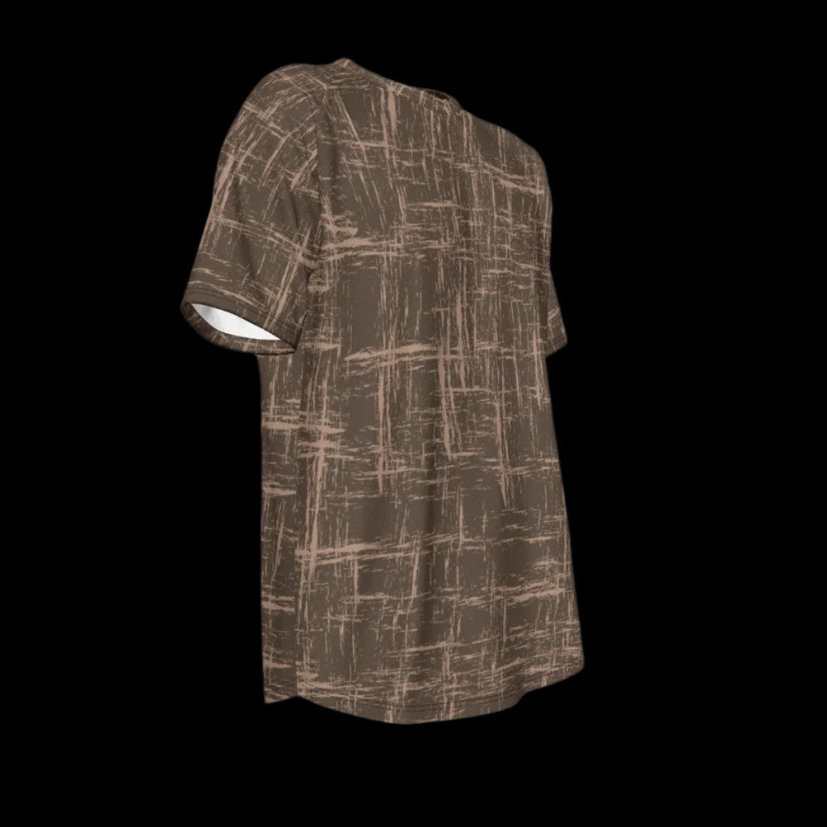 Right side of brown patterned t-shirt on a black background