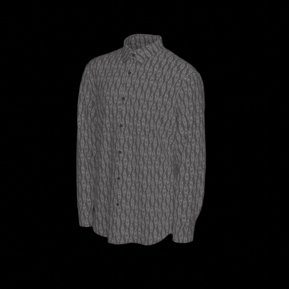 Left side of a long sleeve gray patterned shirt on a black background
