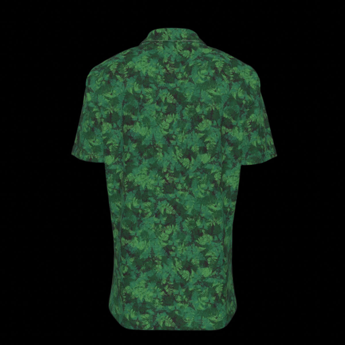 Back of camouflage patterned button down short sleeve shirt on a black background