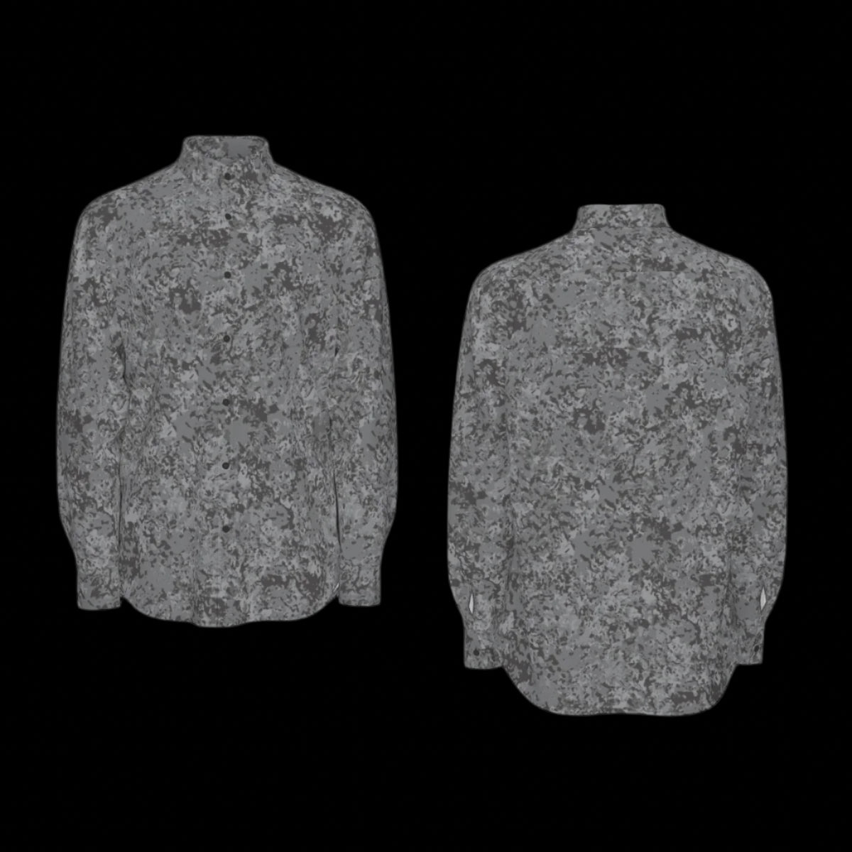 Front and back of a gray patterned long sleeve shirt on a black background