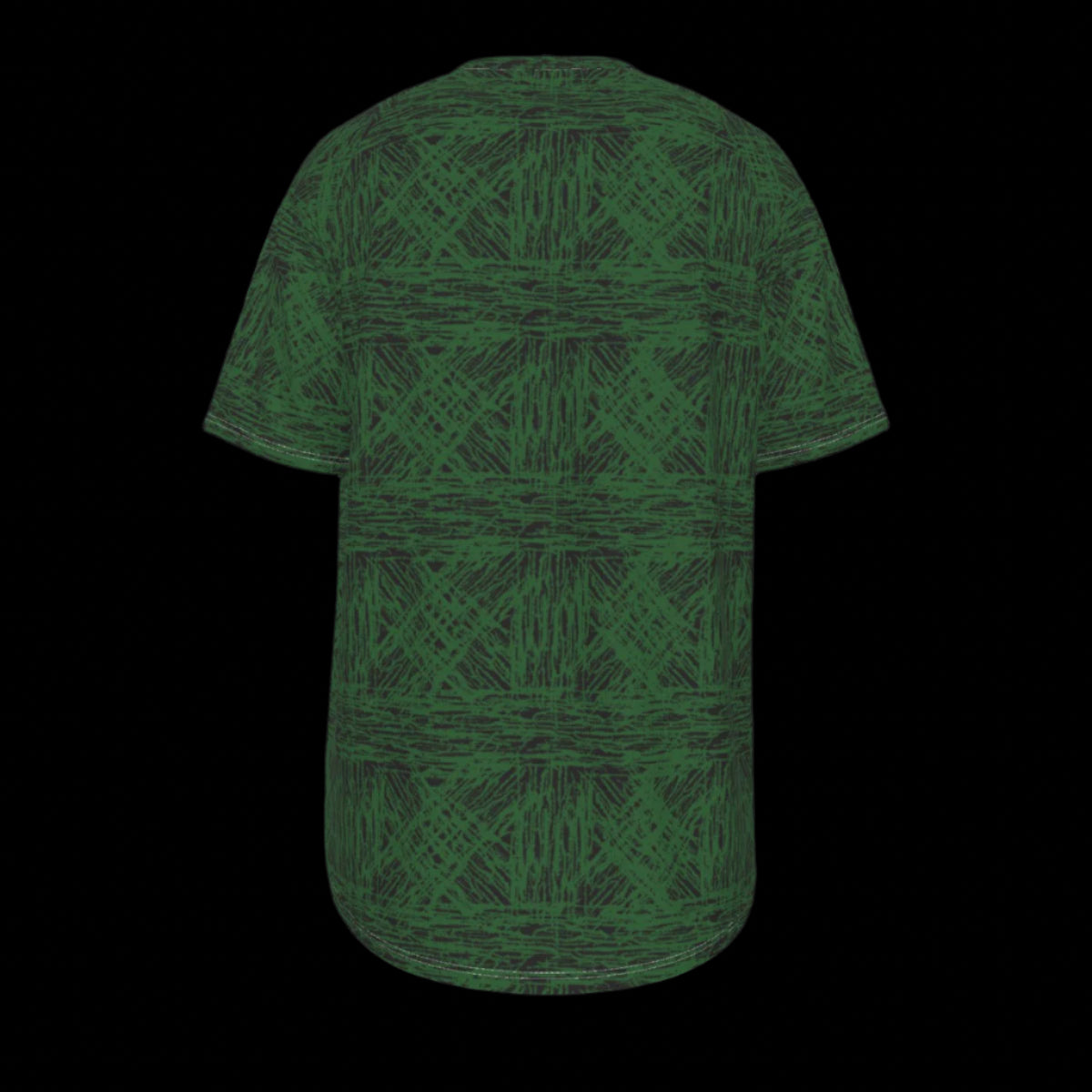 Back side of a Green t-shirt with abstract pattern on a black background