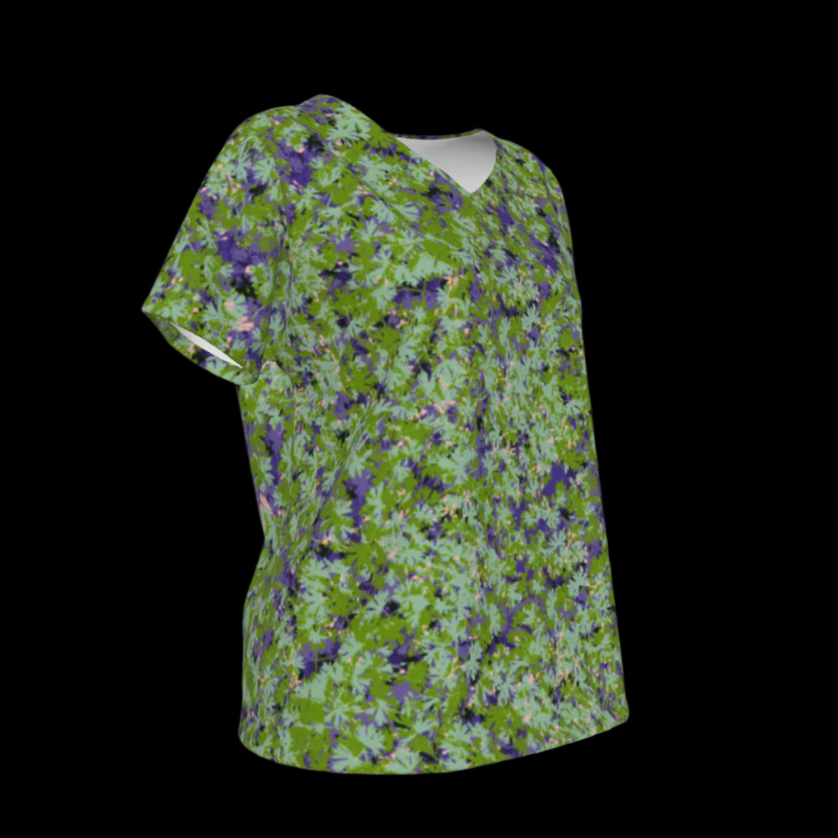 Right side of green floral patterned V-Neck T-shirt on a black background