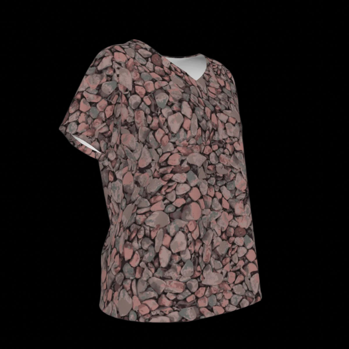 Right side of short-sleeve V-Neck T-shirt with a pink and brown pattern on a black background