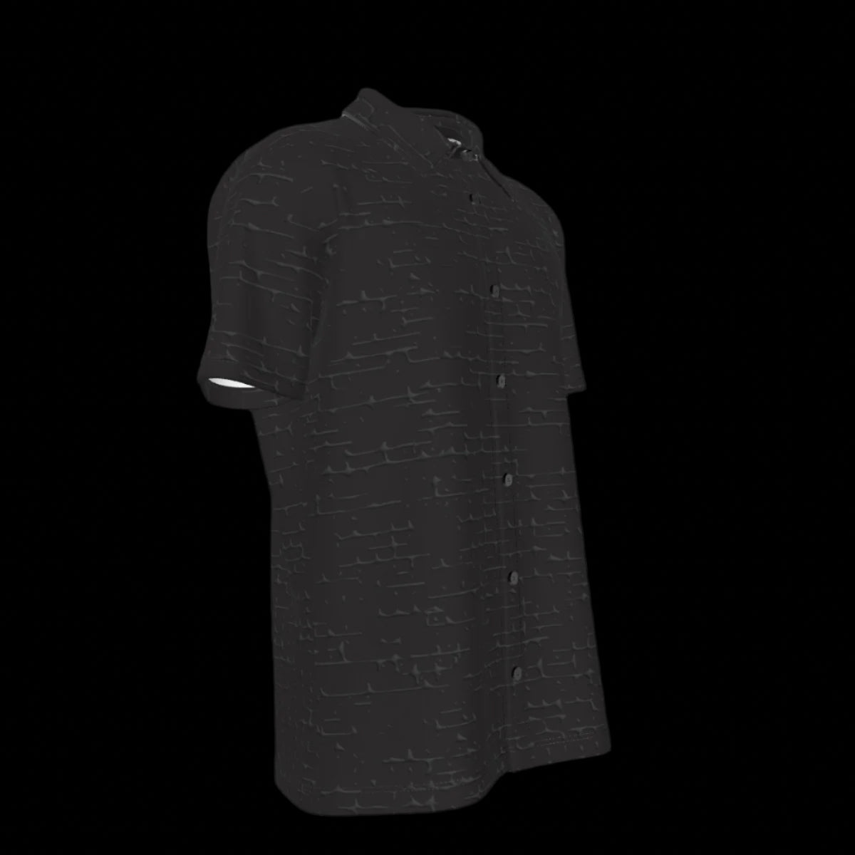 Right side of black short-sleeve button-down shirt with a subtle pattern on a black background