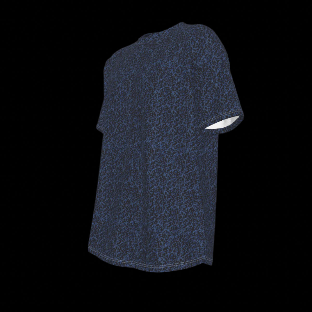 Left of blue patterned t-shirt on a black background
