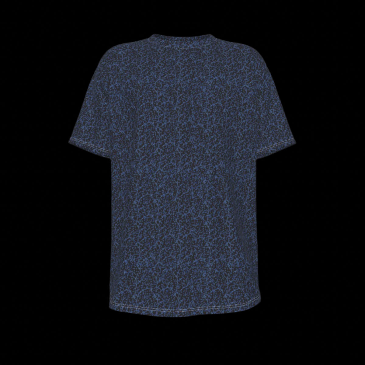 Front of blue patterned t-shirt on a black background