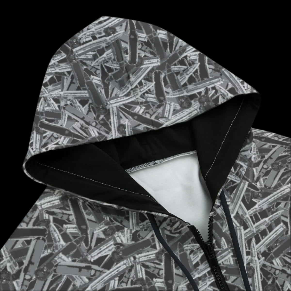 Front top of a hoodie with a geometric pattern on a black background