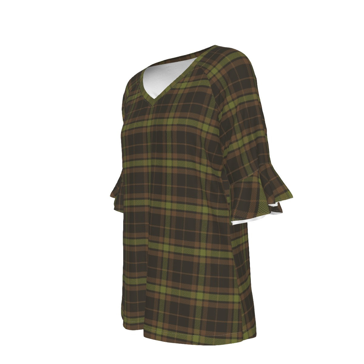 Women’s V-neck T-Shirt with Bell Sleeve / Camo Plaid Design