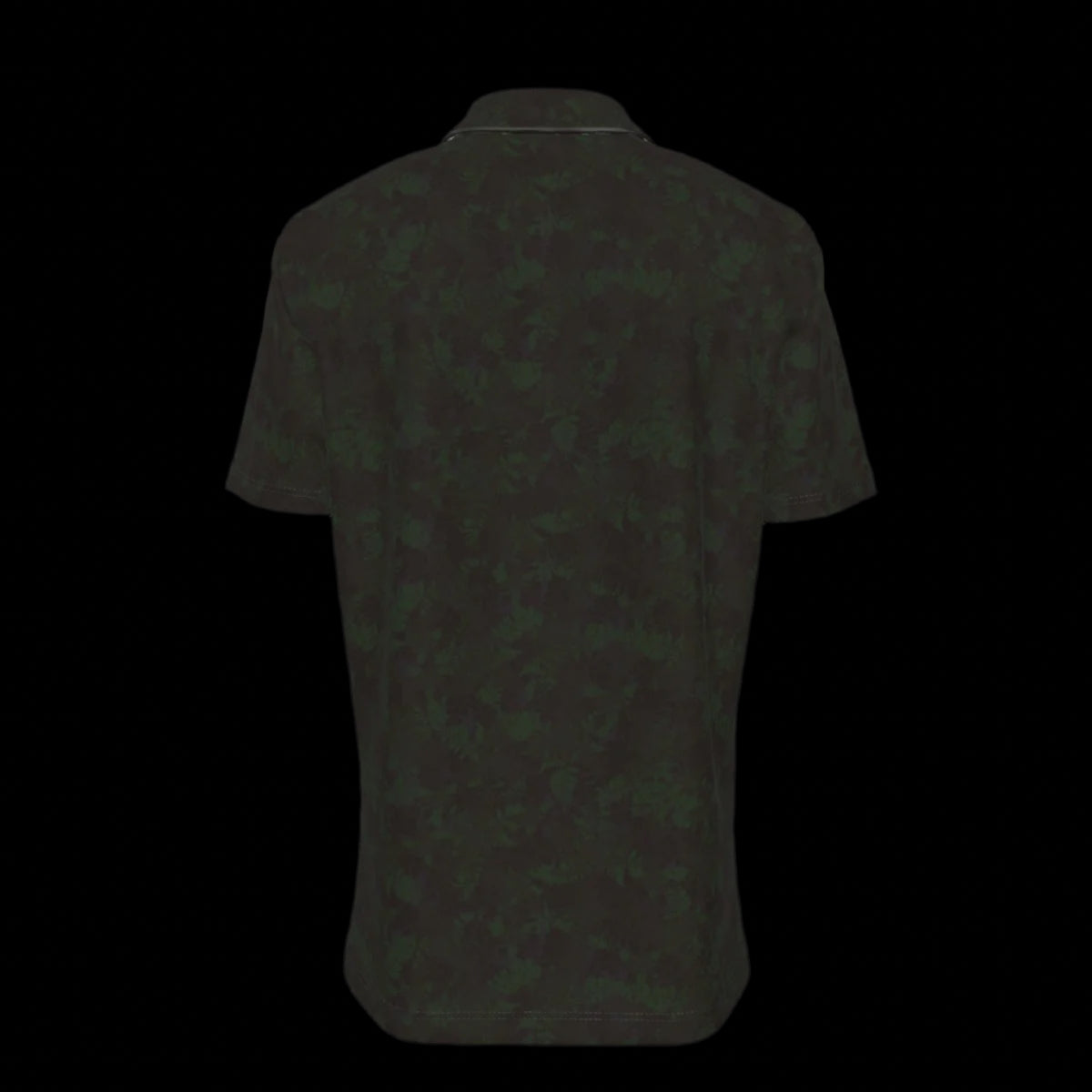 Back of black button-down short-sleeve shirt on a black background