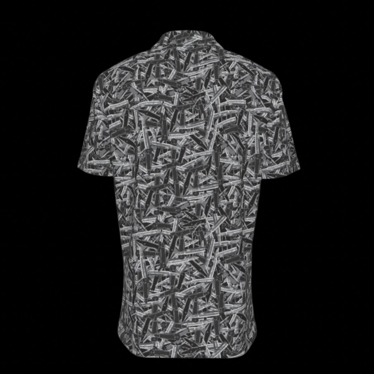 Back of short-sleeve button-down shirt with a geometric pattern on a black background