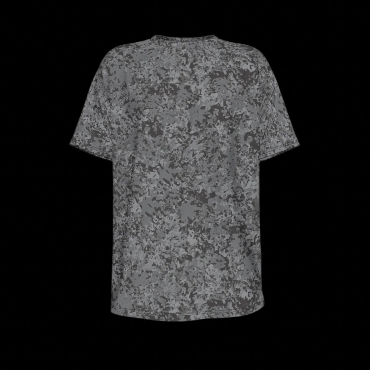 Front of gray t-shirt with a subtle pattern on a black background