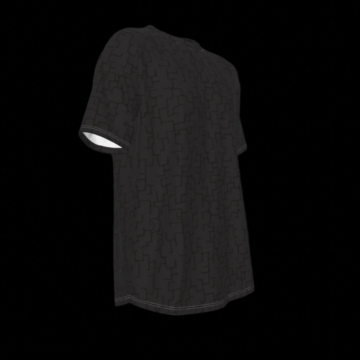 Right Side of black t-shirt with a subtle pattern on a Black background