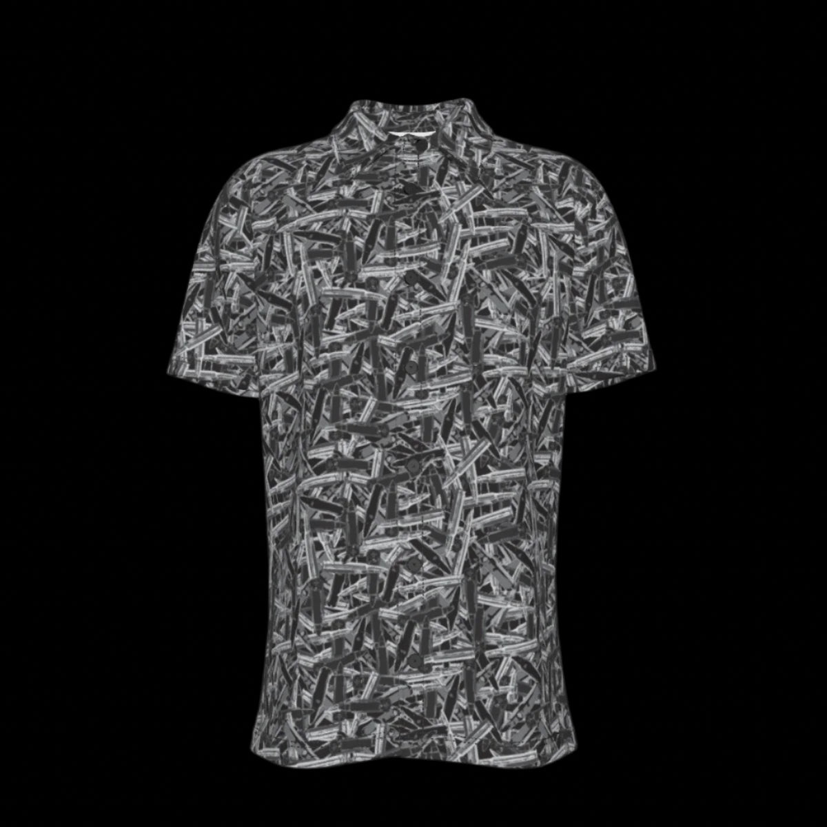 Front of short-sleeve button-down shirt with a geometric pattern on a black background