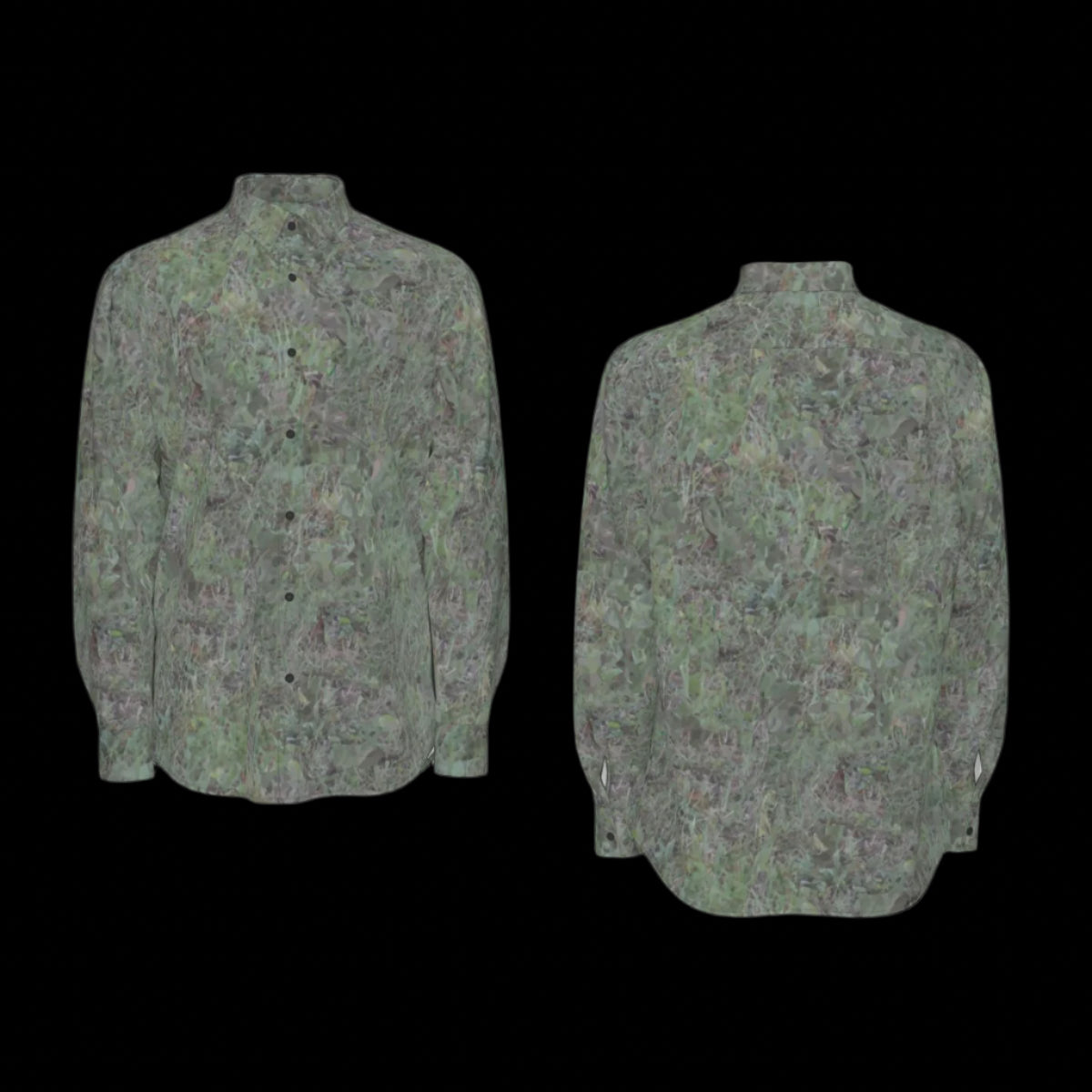 Front and back of a green patterned long sleeve shirt on a black background