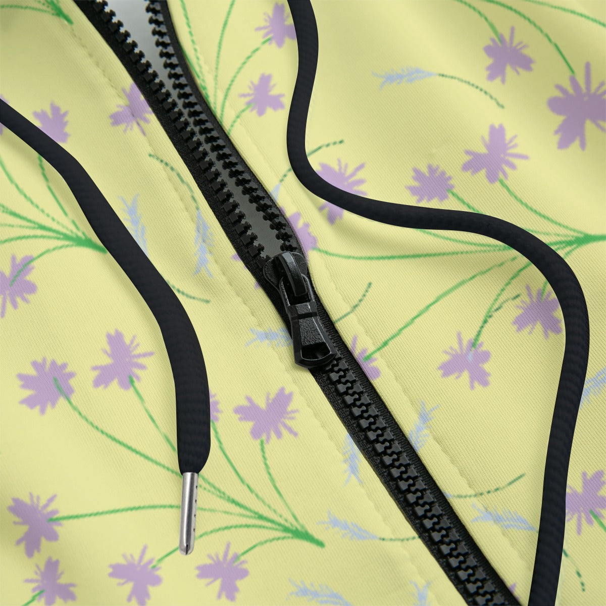 Front texture of yellow hoodie with floral pattern