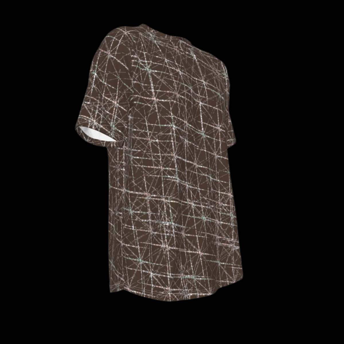 Right side of brown t-shirt with white abstract pattern on a black background