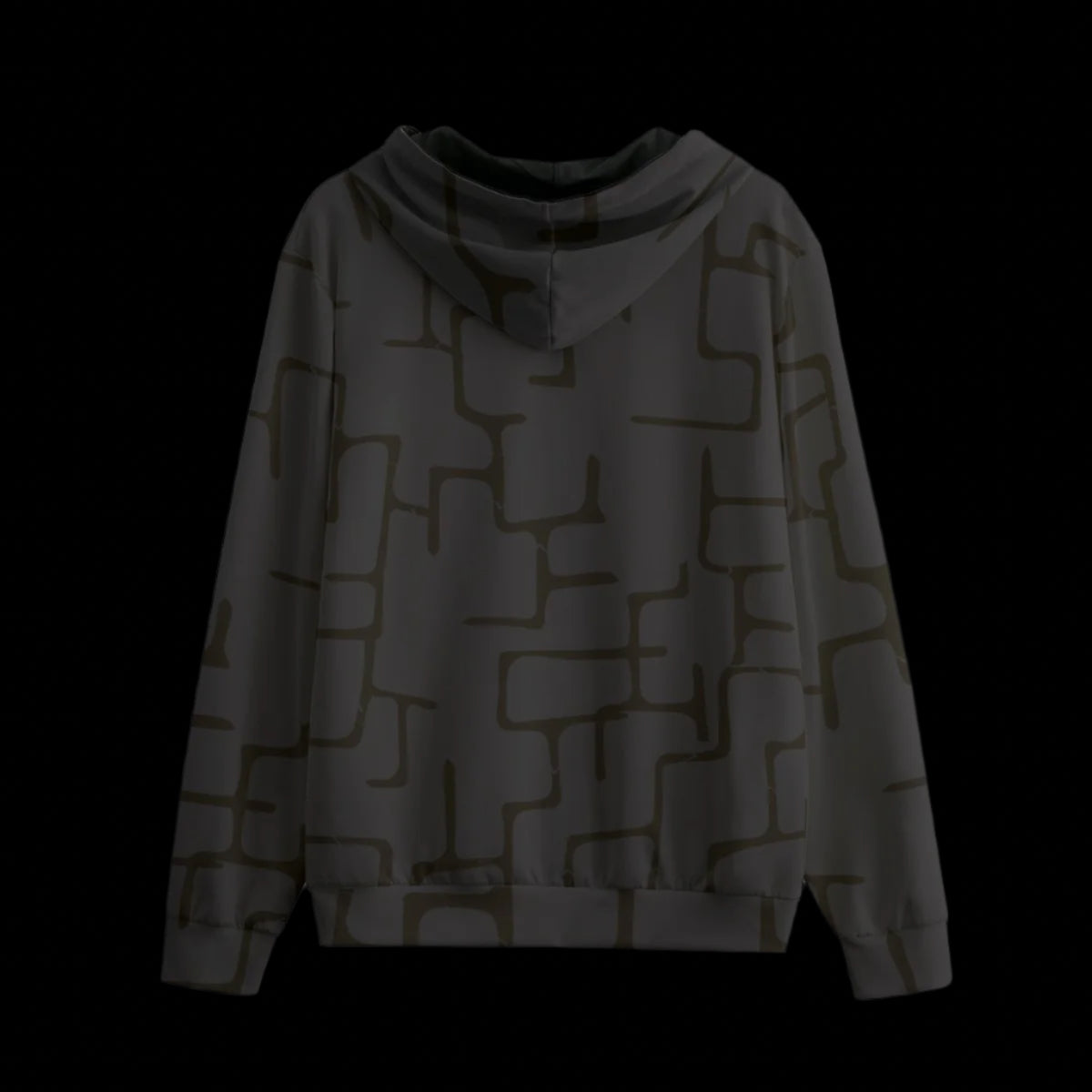 Back of dark patterned hoodie with a black background