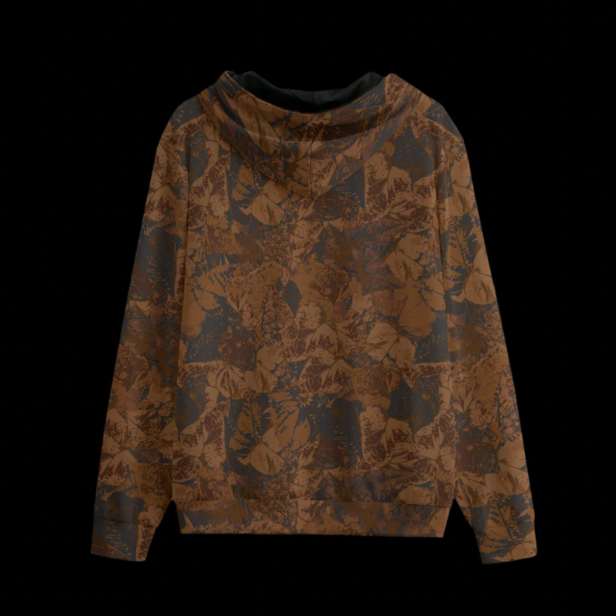 Back of a black zipper camouflage-patterned hoodie on a black background