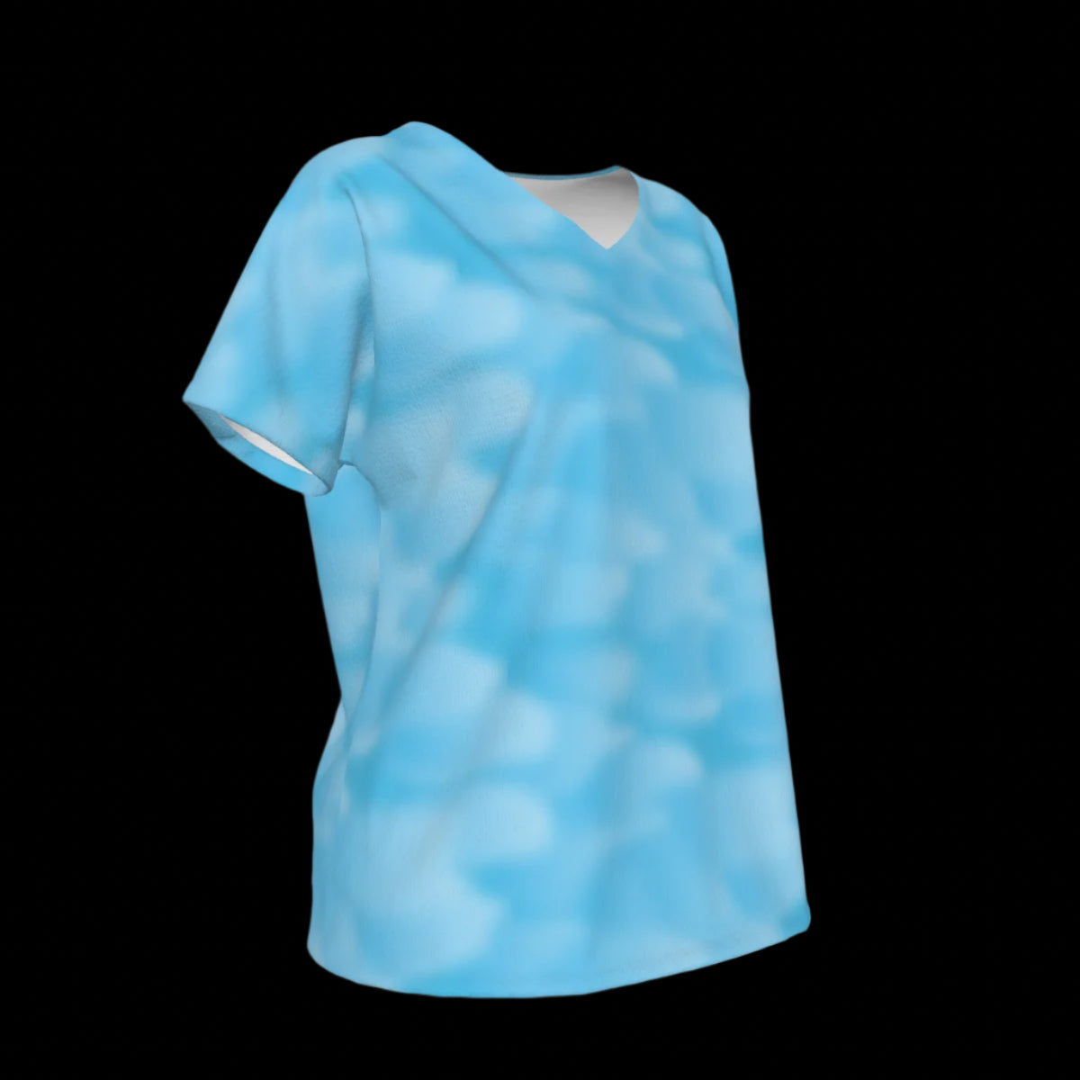 Right of blue patterned V-Neck T-shirt on a black background