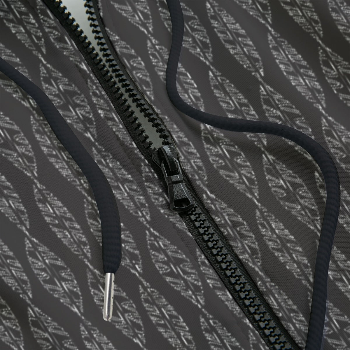 Front detail of black patterned hoodie