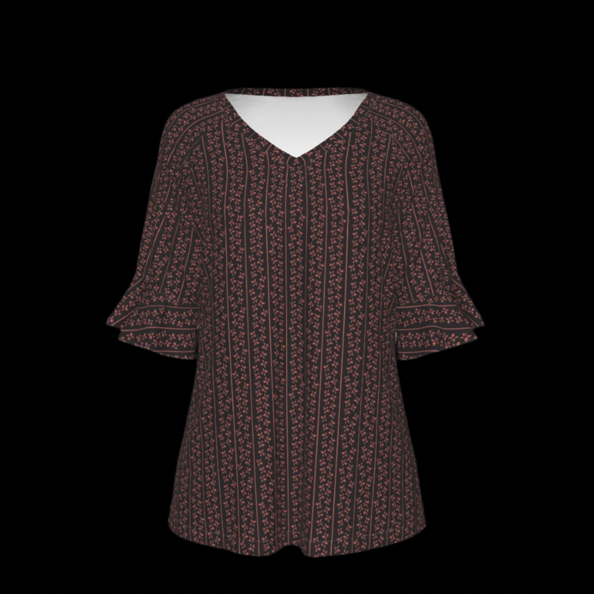 Front of green leaf patterned blouse on a black background