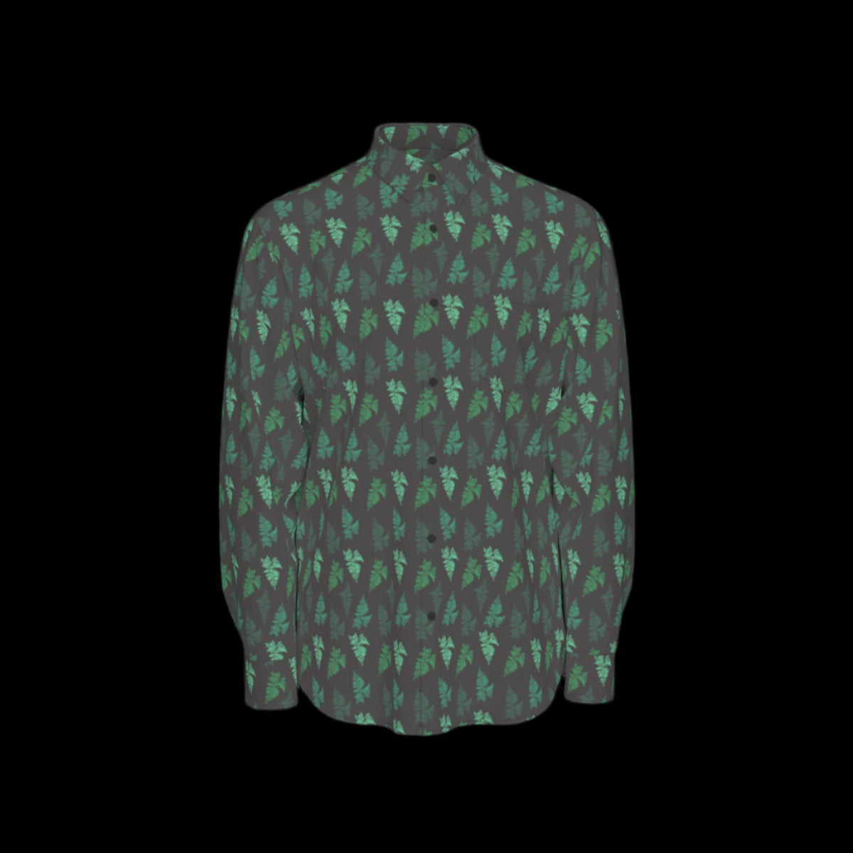 Front of green and black patterned long sleeve shirt on a black background