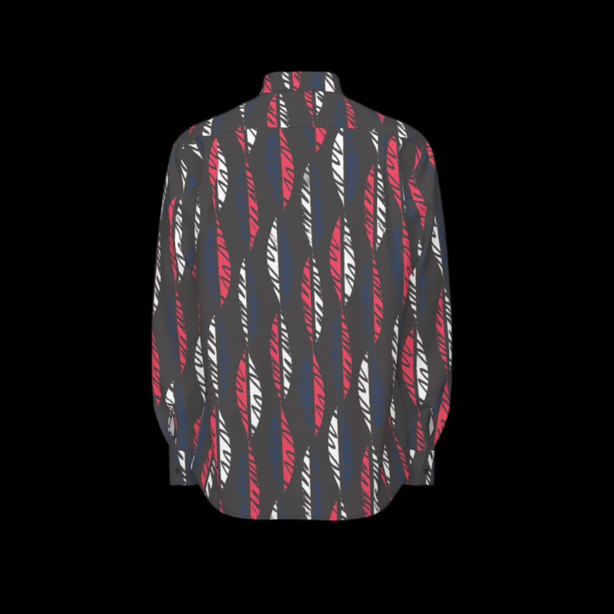 Back of black shirt with red and white pattern on a black background