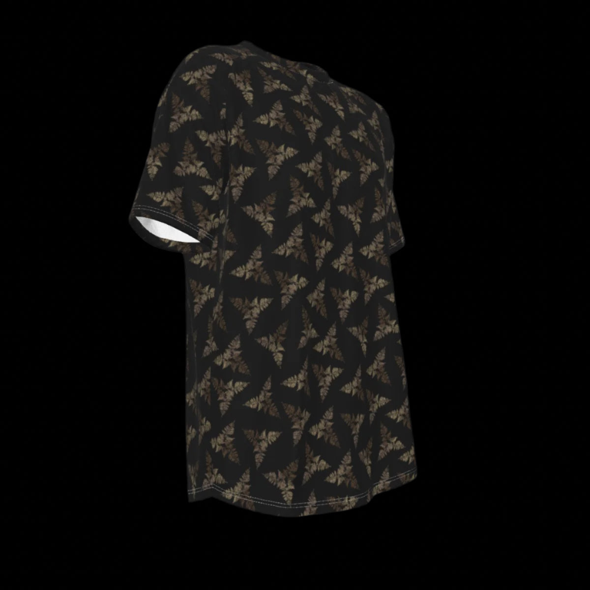 Right side of black t-shirt with pattern on a black background