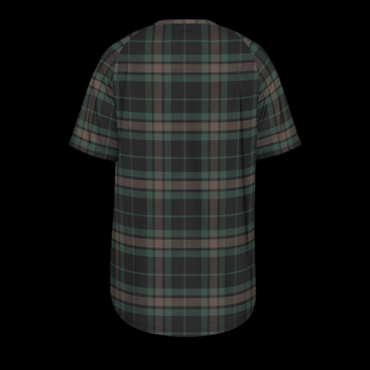 Back of plaid shirt with brown and beige pattern on a black background