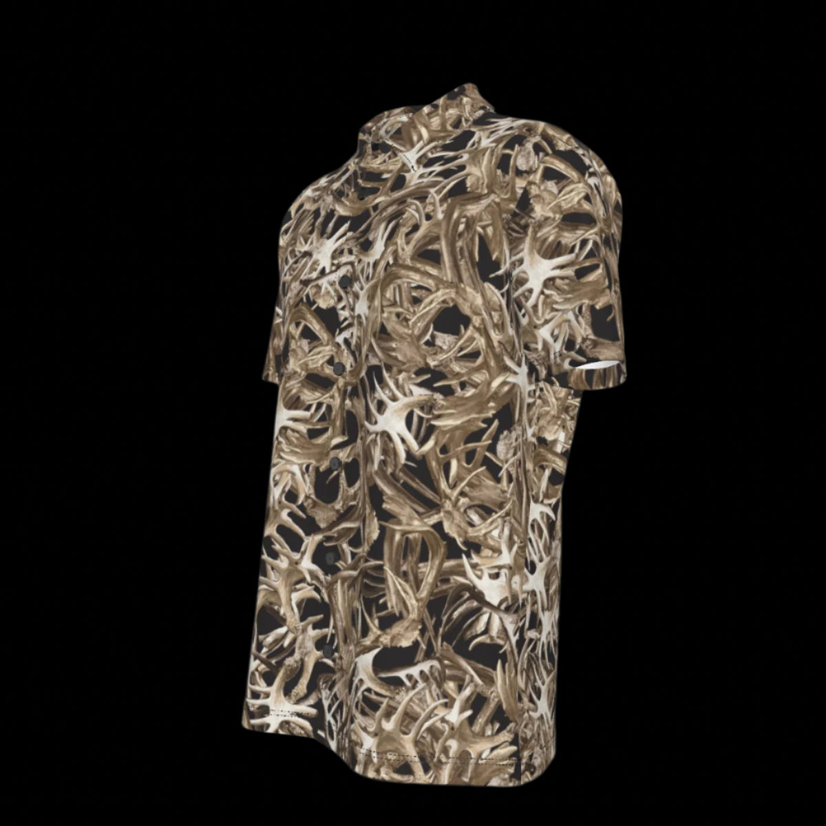 Left side of camouflage-patterned button-down shirt on a black background