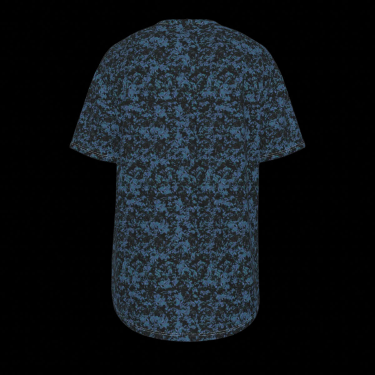 Back of blue camouflage-patterned t-shirt on a black background