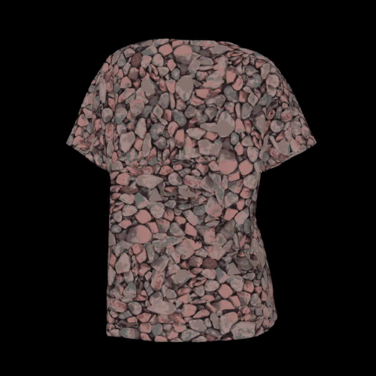 Back of short-sleeve V-Neck T-shirt with a pink and brown pattern on a black background
