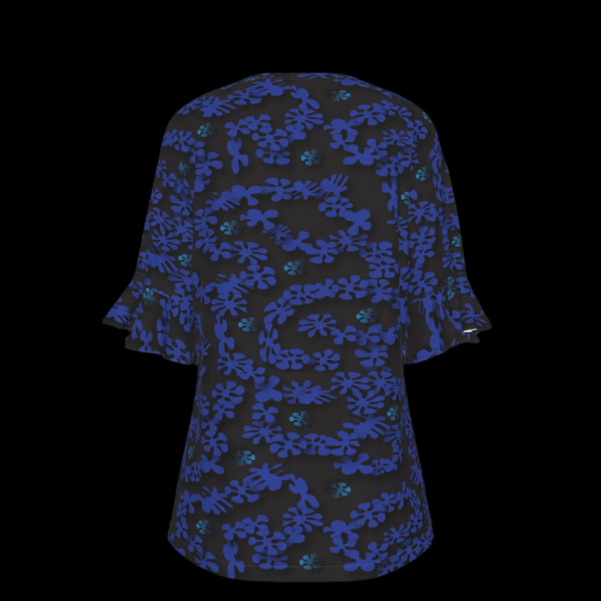 Back of black blouse with blue floral pattern on a black background