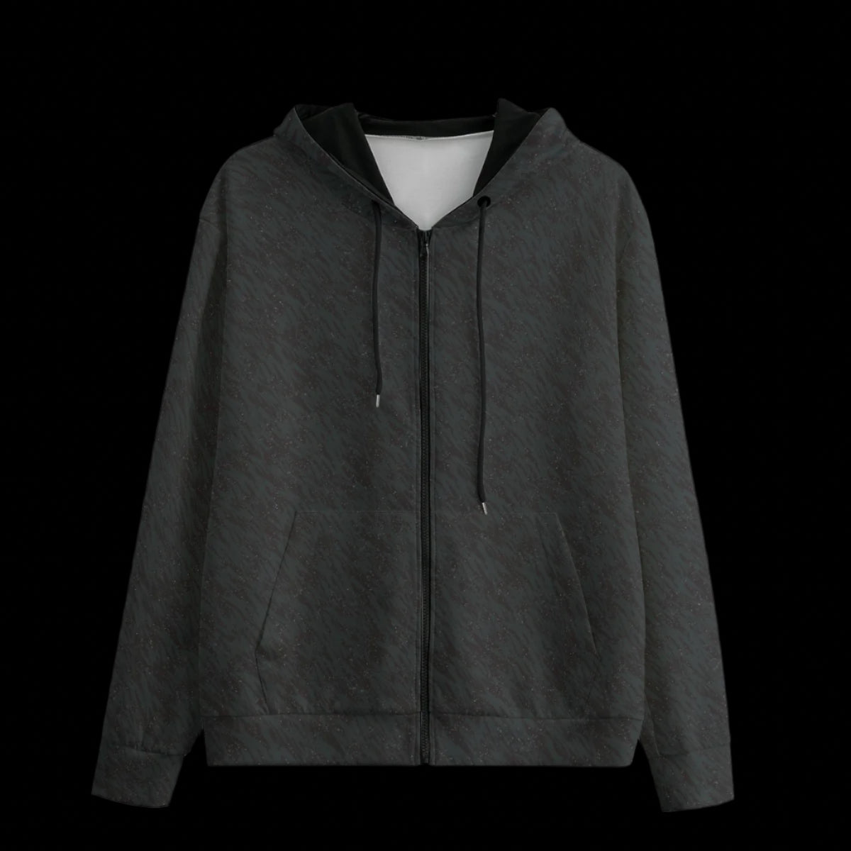 Front of a black patterned hoodie on a black background