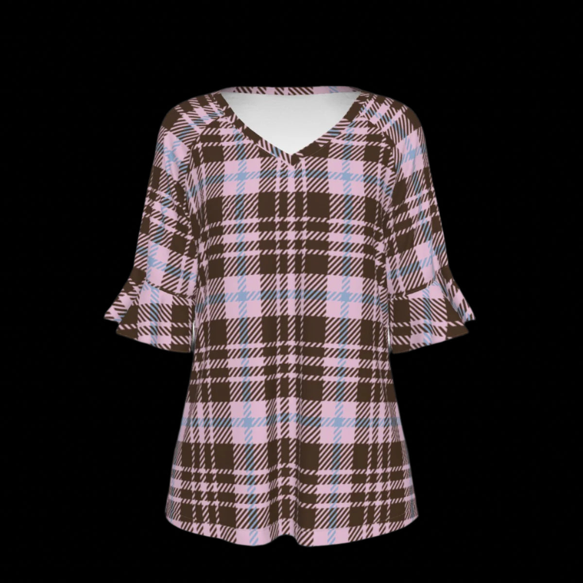 Front of plaid patterned blouse with ruffled sleeves on a black background