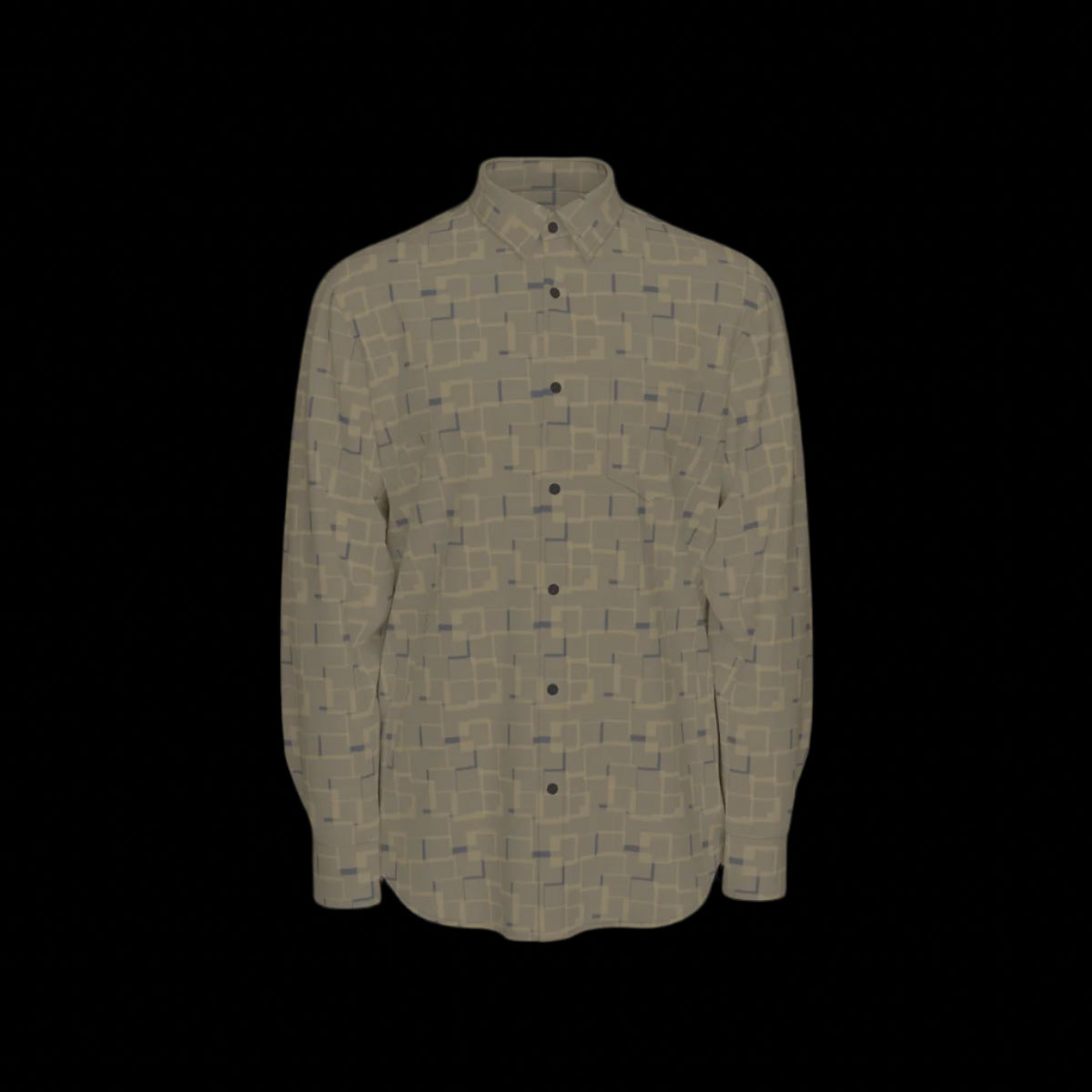 Front of a green patterned long sleeve shirt on a black background