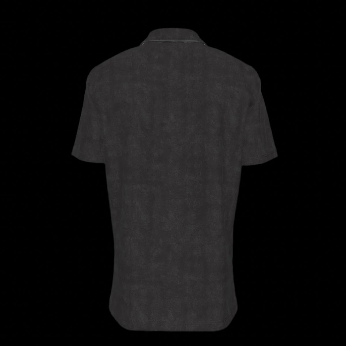 Back of black button down short-sleeve shirt on a black background