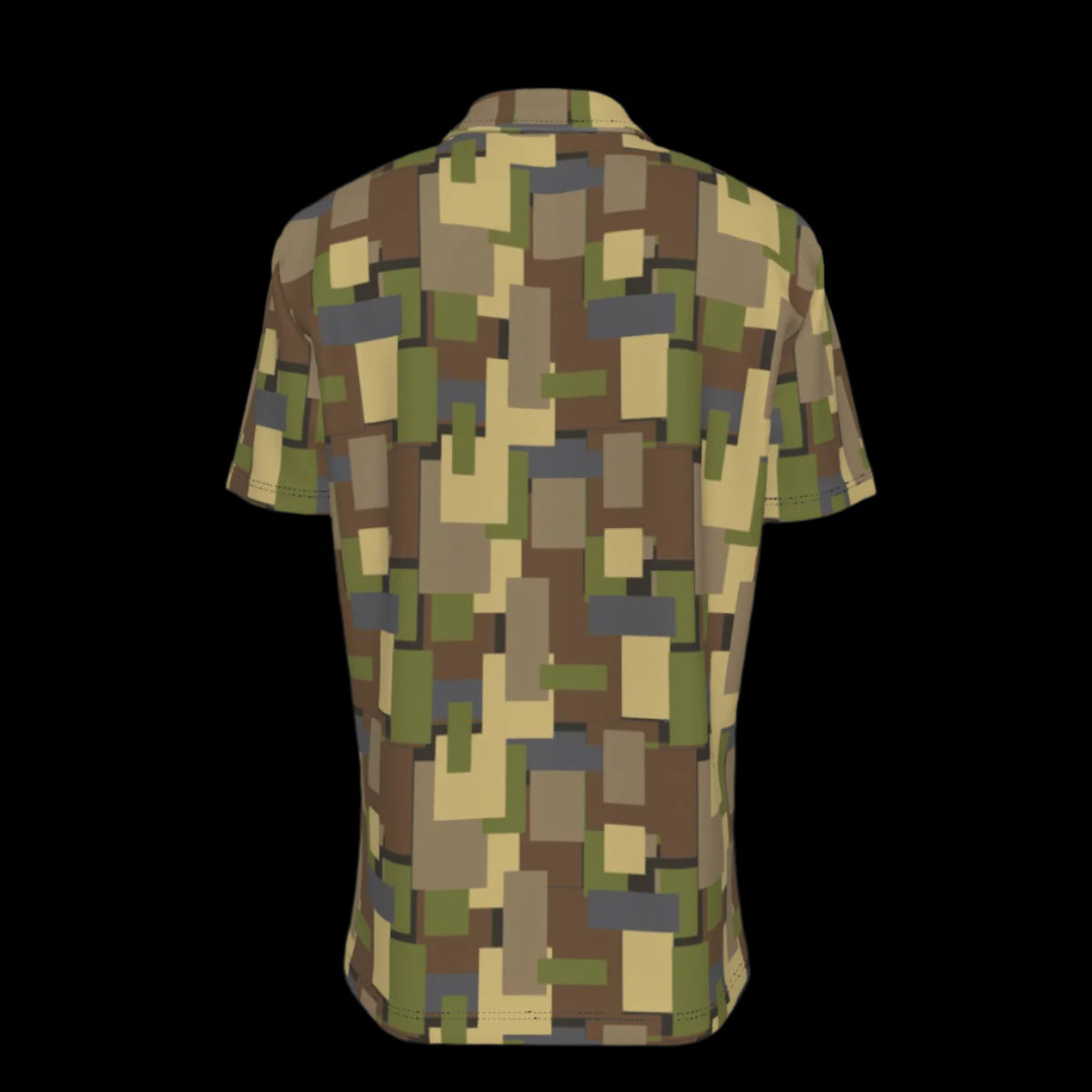 Back of short-sleeve button down short sleeve shirt with a geometric pattern on a black background