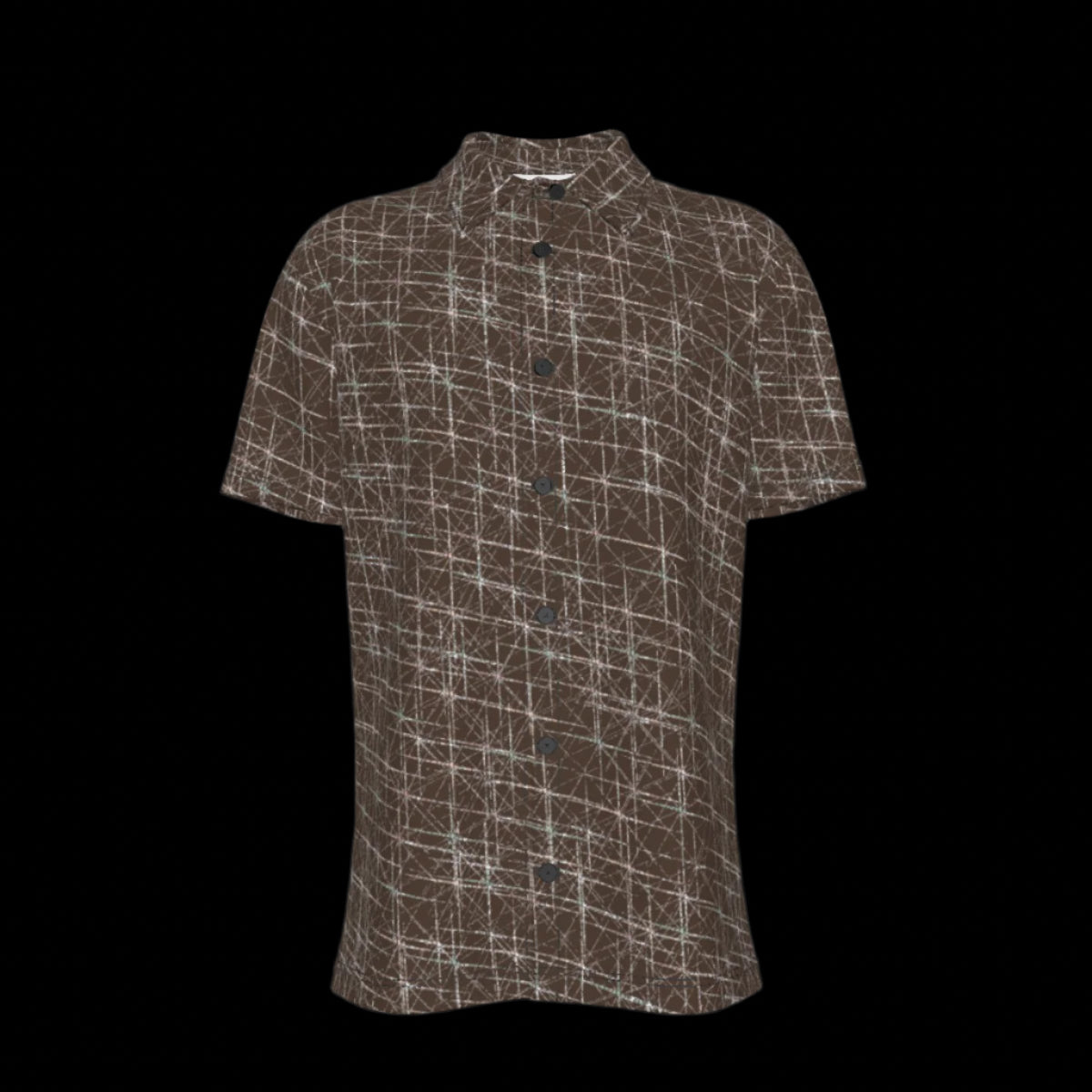 Front of brown patterned button down short sleeve shirt on a black background