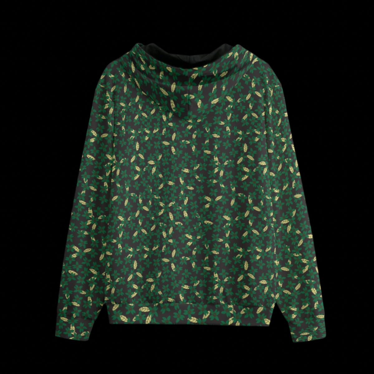 Back of green hoodie with leaf pattern on a black background