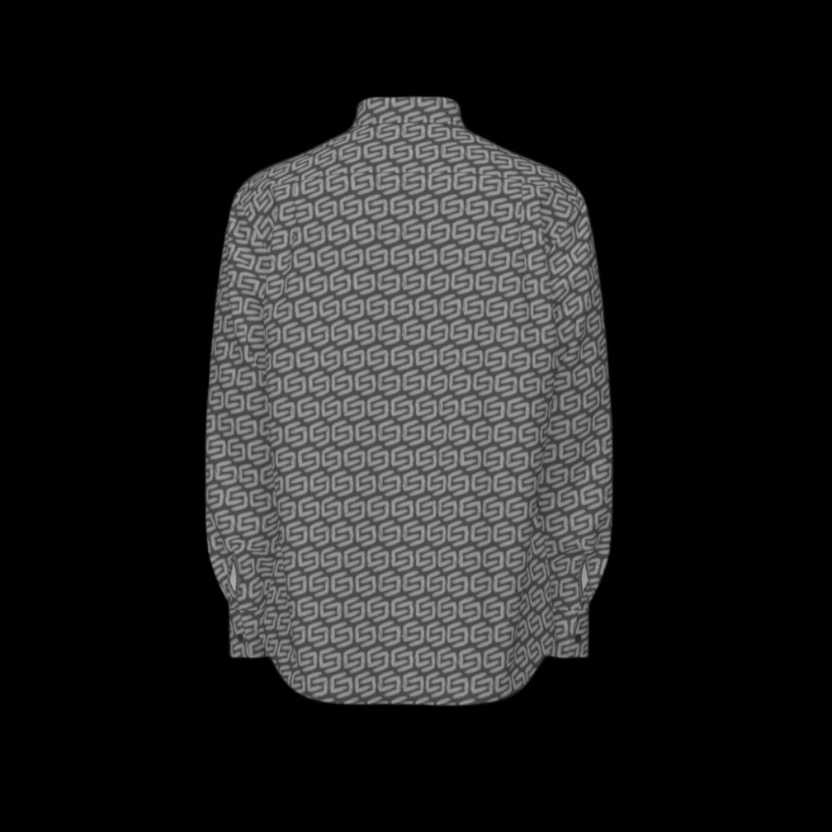 Back of a patterned long sleeve shirt on a black background