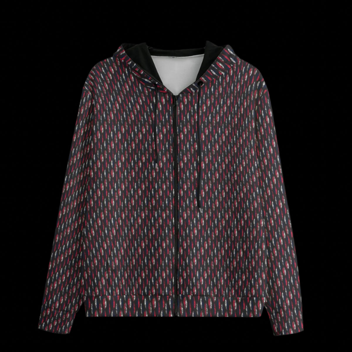 Front of a multicolored pattern hoodie on a black background