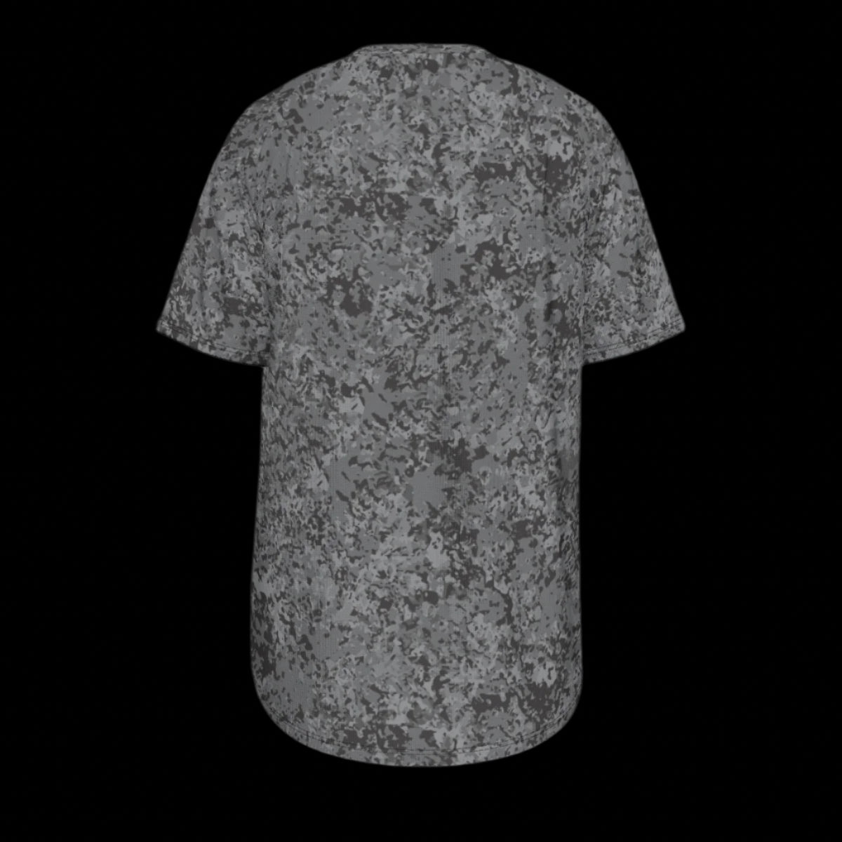Back of gray t-shirt with a subtle pattern on a black background