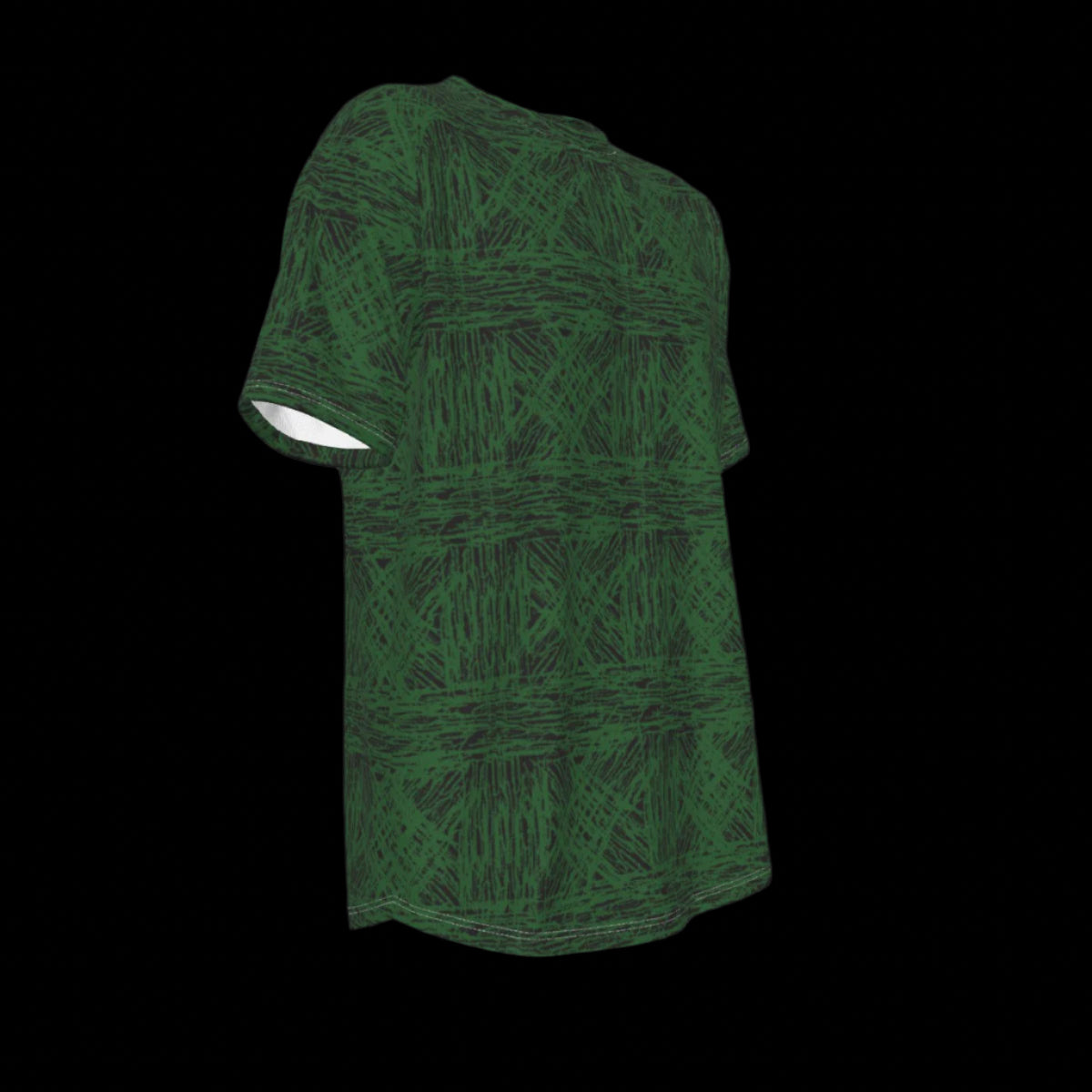 Right side of a green patterned T Shirt on a black background