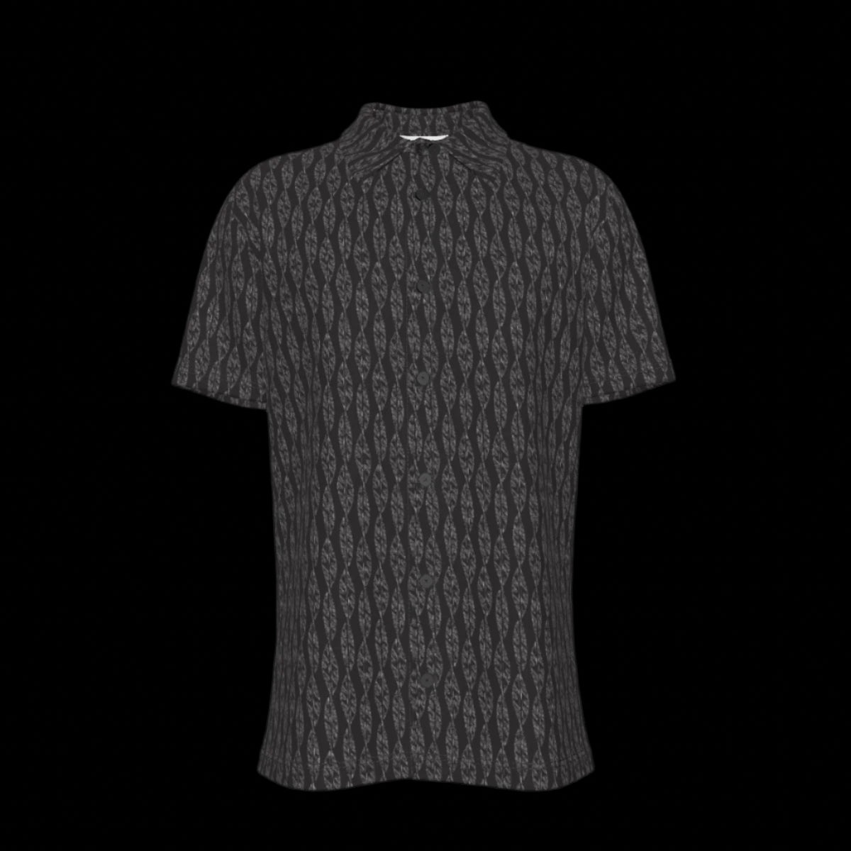 Front of a black patterned button down short sleeve shirt on a black background