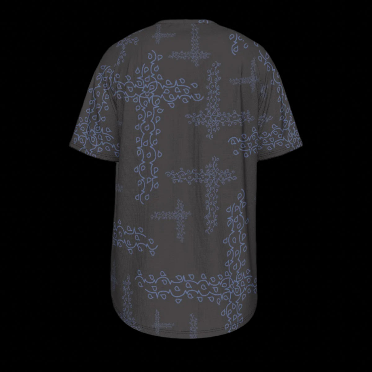 Back of black t-shirt with blue floral patterns on a black background