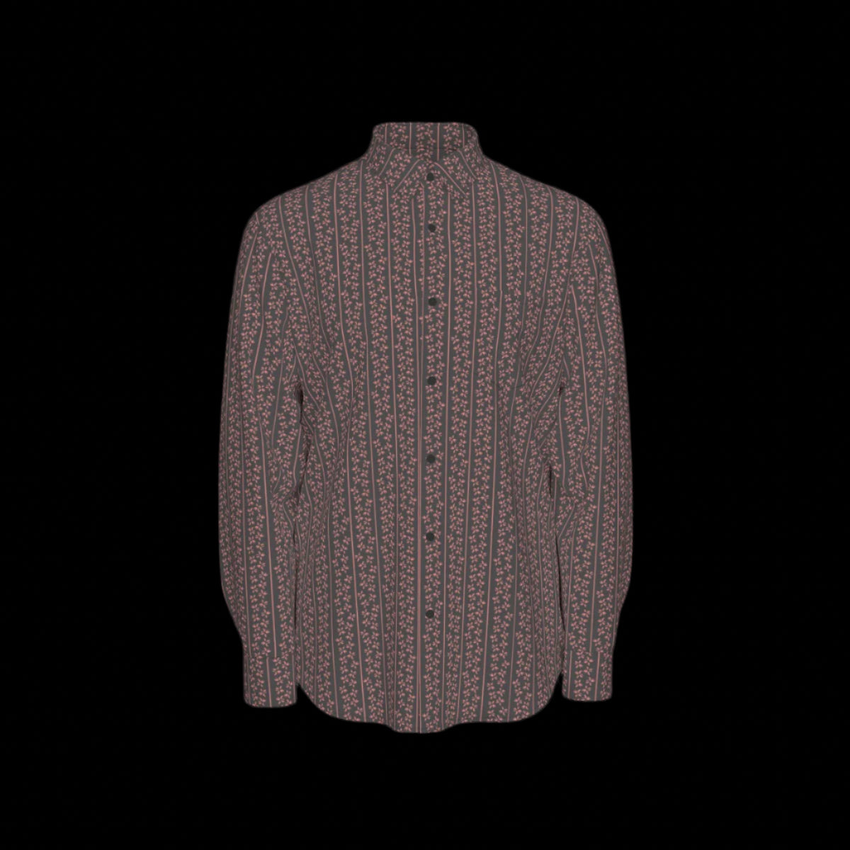 Front of a long sleeved patterned shirt on a black background